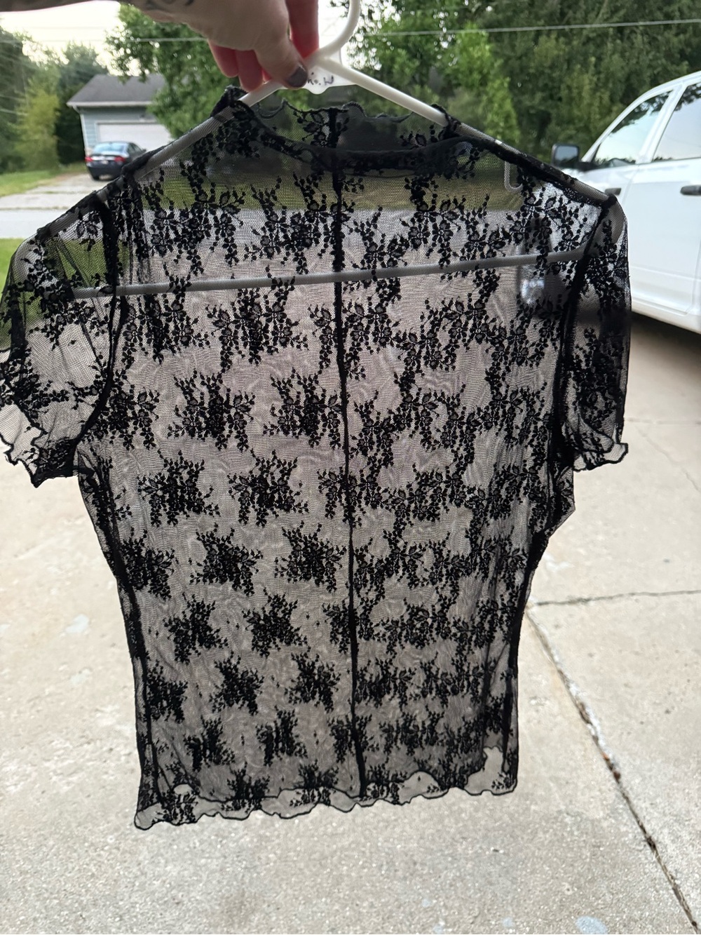 Black Sheer Floral Lace Short Sleeve Blouse